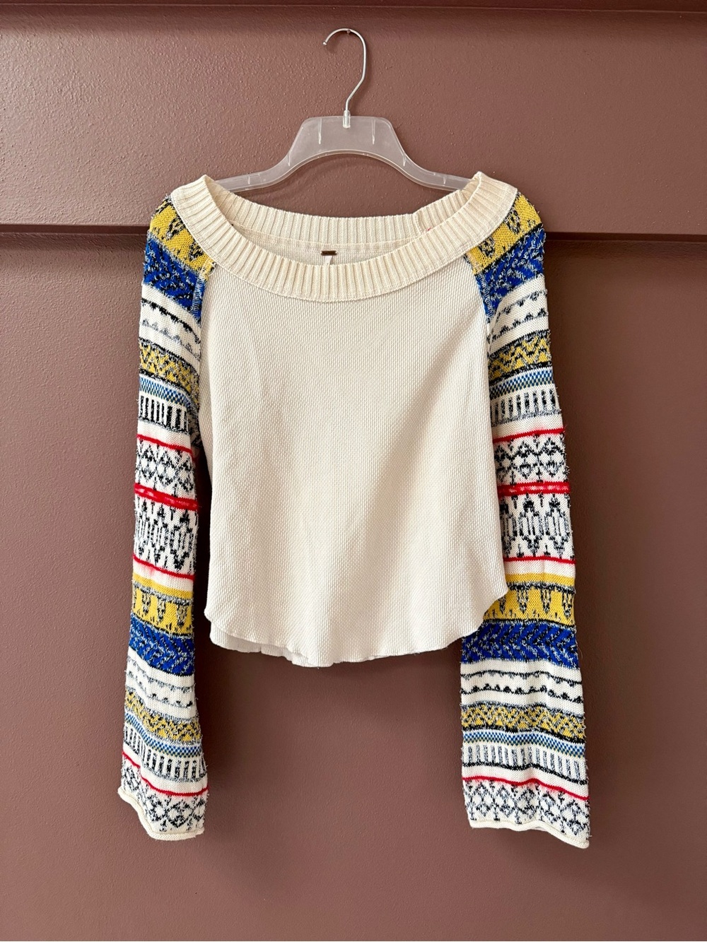 Free People Cream Knit Top with Multicolor Patterned Sleeves